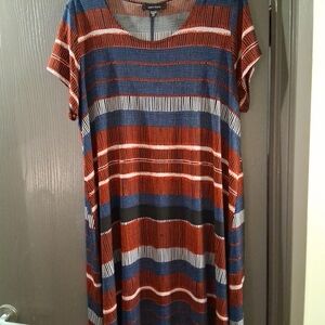 Karen Kane Rust and Navy Striped Midi Dress. Knee Length